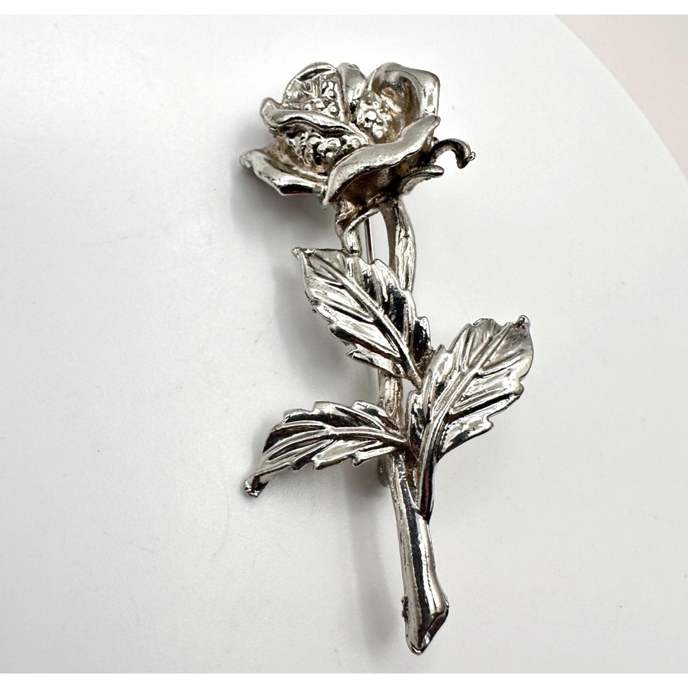 Vintage Rose Flower Brooch Silver Tone Romantic Cottagecore Garden Floral